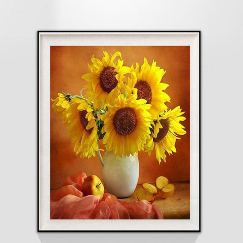 Sunflower On Vase With Apple - TryPaint